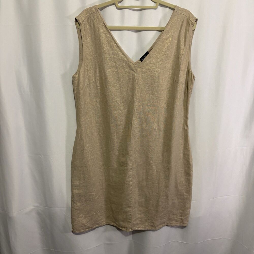 Nicole Miller Linen V Neck Shift Dress Size Large Gold Metallic Fully Lined NWT‎
